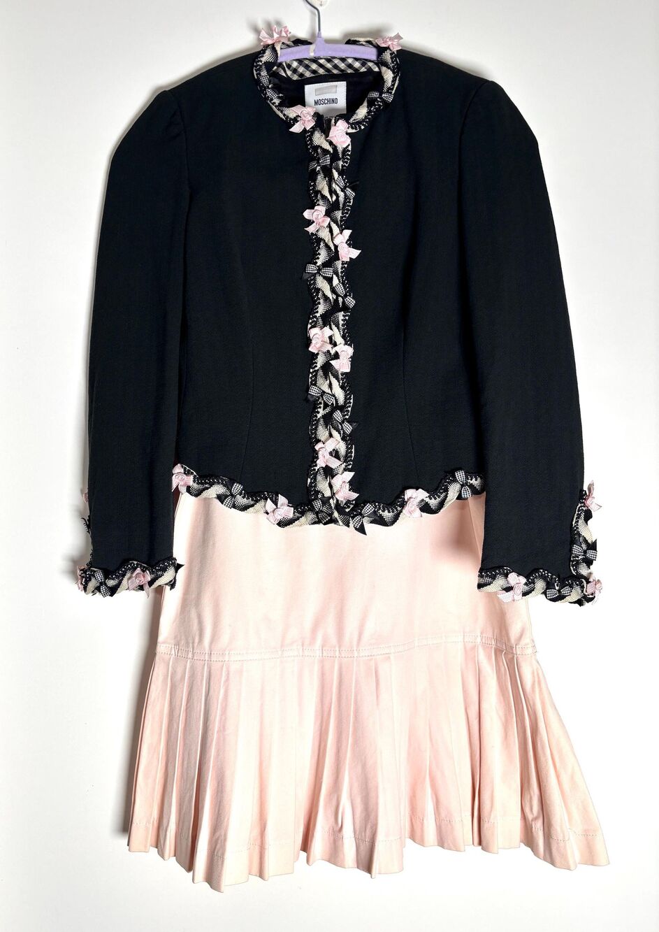 Vintage Moschino Bouclé Jacket and Skirt Black PInk Set – Italian Designer